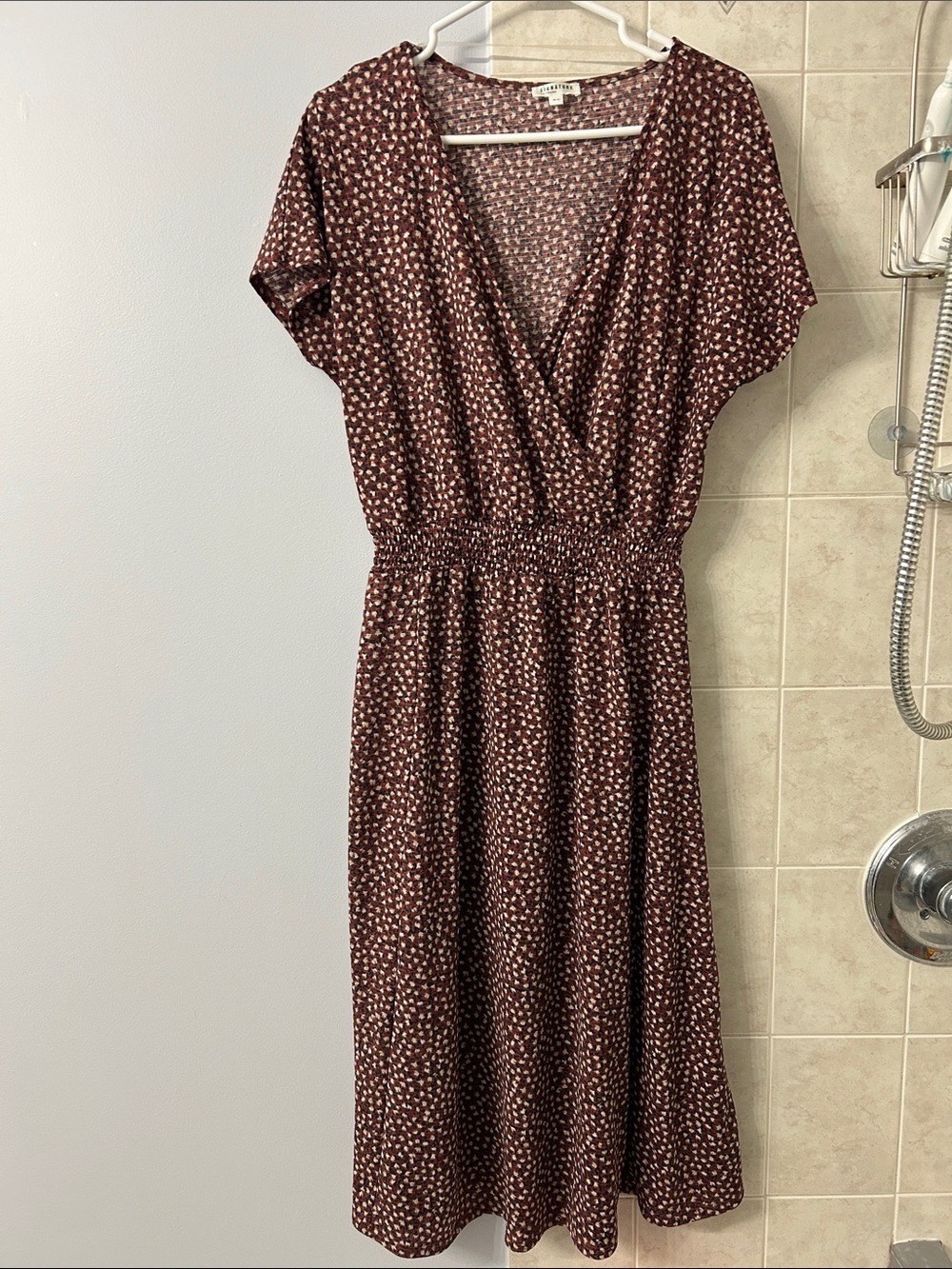Reitmans Brown Printed Surplice Midi Dress with Cream Accent